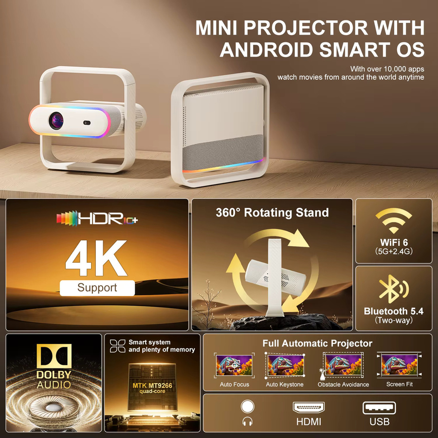 Salange P40 Smart Projektor mit Native 1080P Full HD, Android, Autofokus, WiFi 6 und Bluetooth 5.4, RGB Umgebungslicht und HiFi-Lautsprecher, Weiß - Bild 2