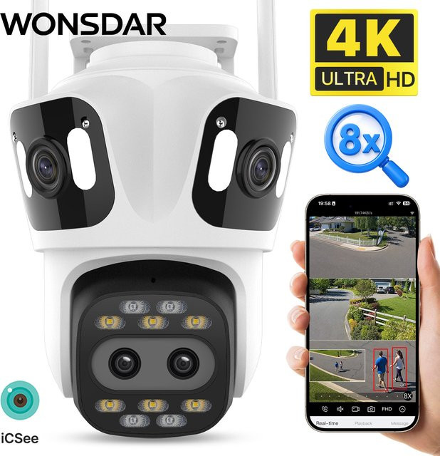 WONSDAR IP-Kamera für Außenbereich mit Vier Bildschirmen, 4K HD WLAN-Kamera, PTZ-Videoüberwachung mit Farbnachtsicht und Auto-Tracking, Weiß, ICSee - Bild 1