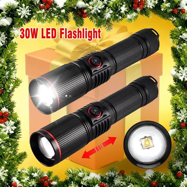 Heinast LED-Taschenlampe mit 30 W, wiederaufladbar, Schwarz, Handheld-Zoom für Outdoor, Garten und Arbeit - Bild 1