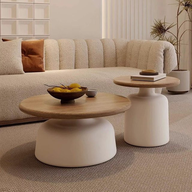 ANGDUO Couchtisch im skandinavischen Design mit runden Ablageflächen in Beige - Bild 1