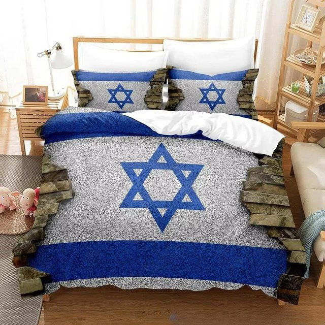 Bettwäsche-Set mit Israel Flagge Design in Blau und Weiß, bestehend aus 1 Bettbezug und 2 Kissenbezügen, Material Mikrofaser, B/H: 140 x 210 cm - Bild 1