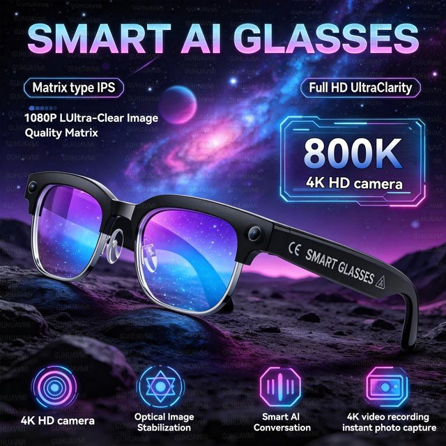 GUHUAVMI Smarte KI-Brille mit 1080P HD 4K Kamera, ChatGPT Integration, 32GB Speicher, Echtzeit-Übersetzung, Musik und Bluetooth-Anrufe, Modische Sonnenbrille für Herren und Damen in Schwarz oder Blau - Bild 1