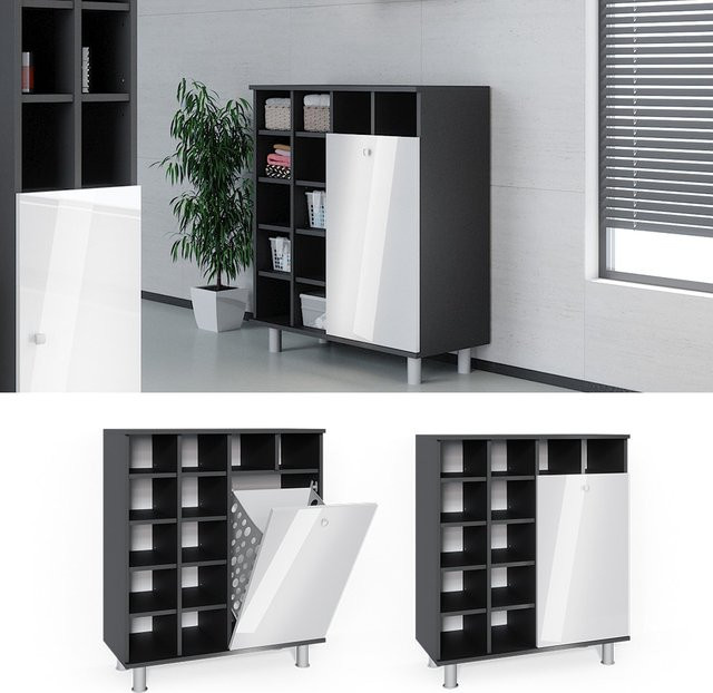Vicco Wäscheschrank Fynn Badschrank mit Wäschekorb in Weiß und Anthrazit Hochglanz B: 79 cm, H: 92 cm, T: 34 cm - Bild 1