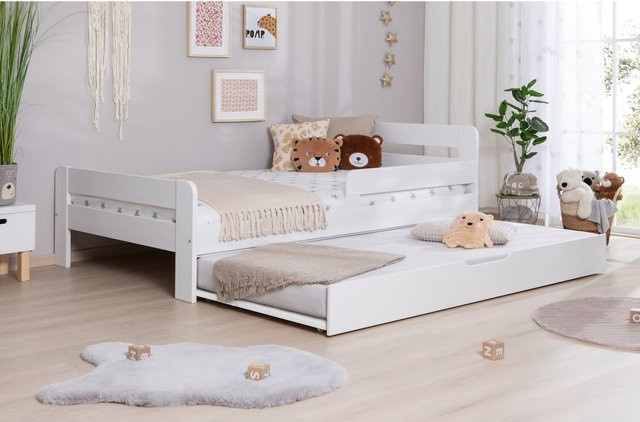 TiCAA Kinderbett Bennet aus Kiefer Massivholz mit Zusatzbett, Rausfallschutz und Lattenrost, Farbe: Weiß, B/T/H: 90 x 200 cm - Bild 1