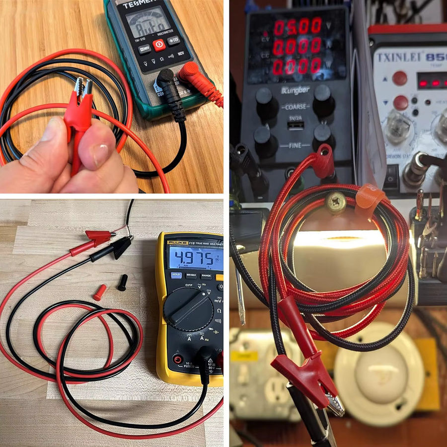 4 Stück Multimeter-Messleitungen mit rechtwinkligen Bananensteckern und Krokodilklemmen aus robustem Silikondraht in Rot, Länge: 1 m - Bild 4
