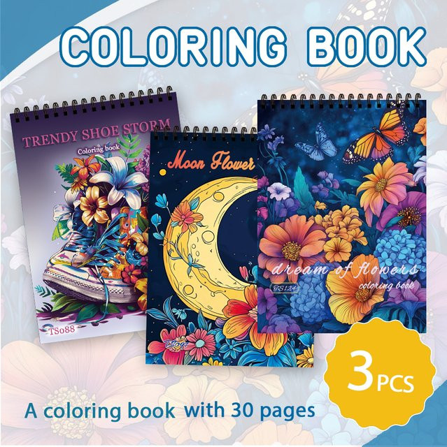 3-teiliges Malbuch-Set für Erwachsene mit Fantasy-Sternen, Mond und Blumenmustern, 30 Seiten, spiralförmig gebunden, mehrfarbig - Bild 1