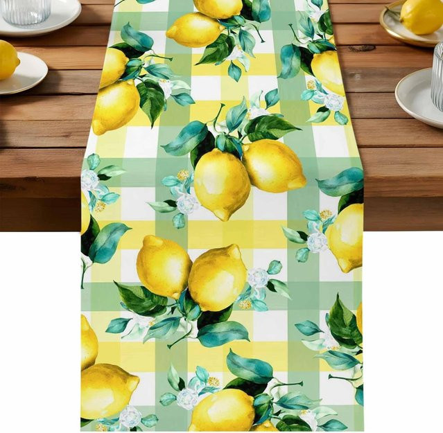 JMG Household Supplies Tischläufer aus Leinen mit Sommer Zitrone und grünem Blatt Motiv, B/L: 150 x 33 cm, Gelb und Grün - Bild 1