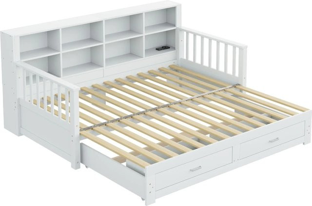 KOMHTOM Multifunktionales Ausziehbares Schlafsofa in Weiß mit Stauschrank, Ladesteckdose, 2 Schubladen und Lattenrost aus Kiefernholz, B/T/H: 180 x 190 x 90 cm - Bild 1