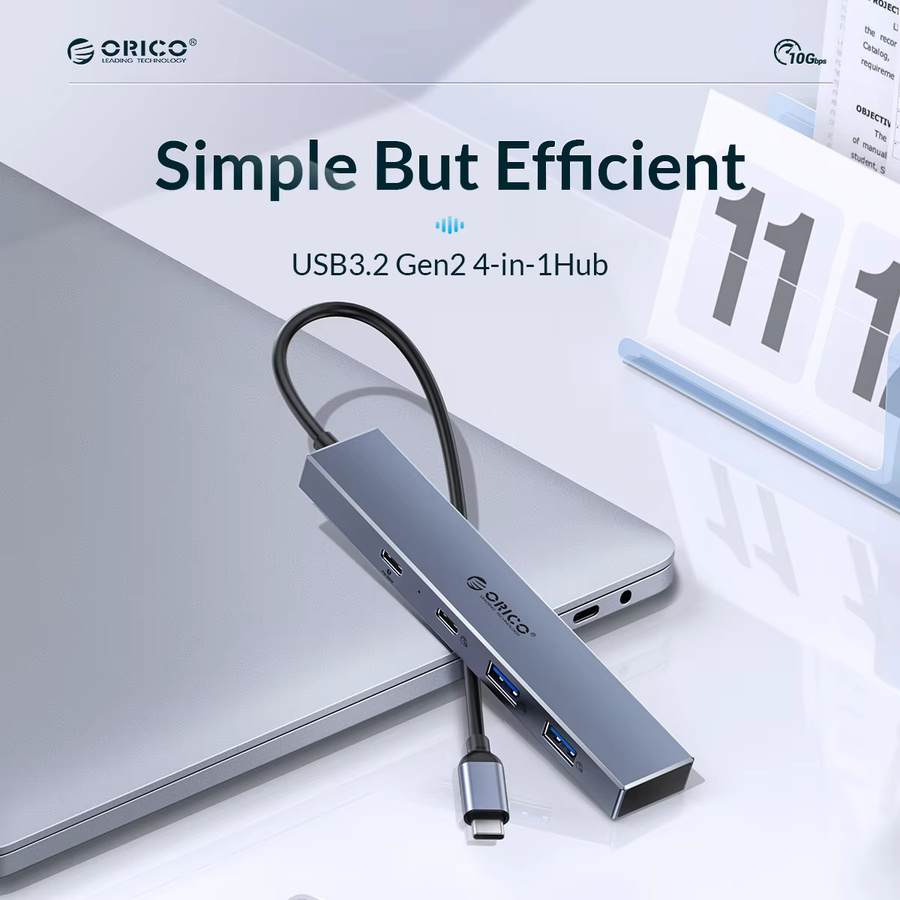 ORICO USB-C Hub mit 4 Ports, USB 3.2 10 Gbps, PD 100W Unterstützung, SD und TF Kartenleser, OTG Adapter für PC und Computer, Grau - Bild 2