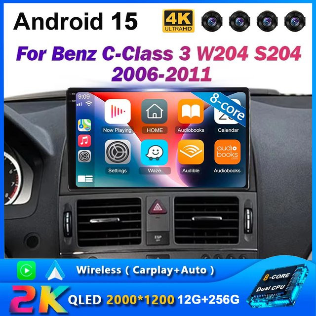 TIEYEZ Android 15 Auto-Multimedia-Player für Mercedes Benz C-Klasse W204 S204 (2006–2011) mit Navigation, GPS und Carplay, 8 GB RAM + 128 GB Speicher, Schwarz - Bild 1