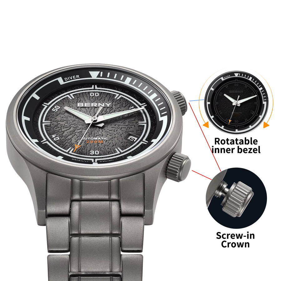 BERNY Taucheruhr, Automatik, Titan, Saphirglas, 20 ATM, Herren - Bild 3
