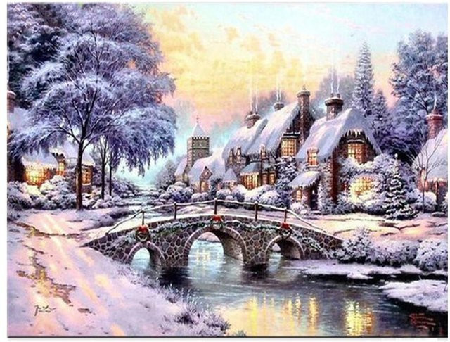 Diamant-Stickerei FIYO Winter-Landschaft mit Brücke und Hütte in Grau, B/H: 30 x 20 cm - Bild 1