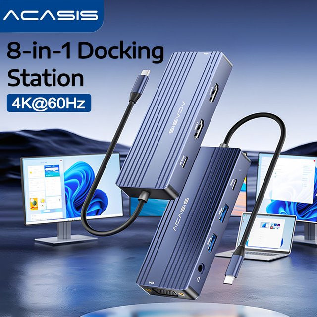 Acasis 8-in-1 USB-C Dockingstation in Grau mit 4K 60Hz, 5Gbps USB 3.0 und PD 100W Eingang für deinen Laptop - Bild 1