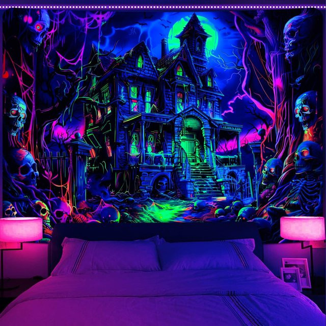 VIKAMA Wandteppich Dark Fright mit Geisterburg, Fledermaus und Skelett für deine Halloween-Dekoration, Mehrfarbig, Breite: 75 cm, Höhe: 58 cm - Bild 1