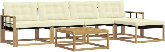 vidaXL Outdoor-Sofagarnitur 6-teilig aus Akazienholz und Textilene in Weiß und Beige mit UV-beständigen Polstern - Bild 1