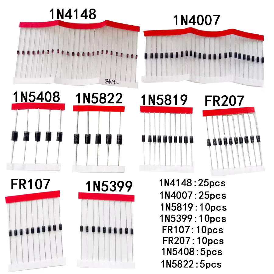 100 Stück Dioden-Kit mit Gleichrichter-, Schnellschalt- und Schottky-Dioden 1N4148 1N4007 1N5819 1N5399 FR107 FR207 1N5408 1N5822 in Schwarz - Bild 2