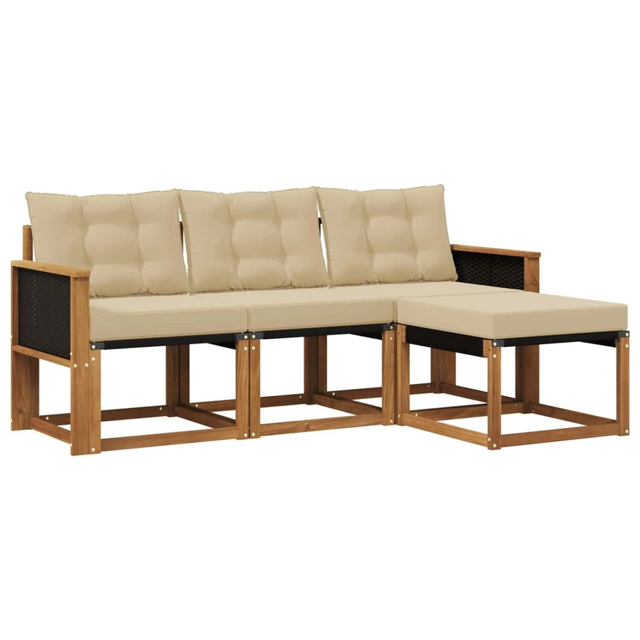 vidaXL Outdoor-Sofagarnitur L-Form aus Akazienholz mit Textilene und Kissen in Natur-Beige - Bild 2