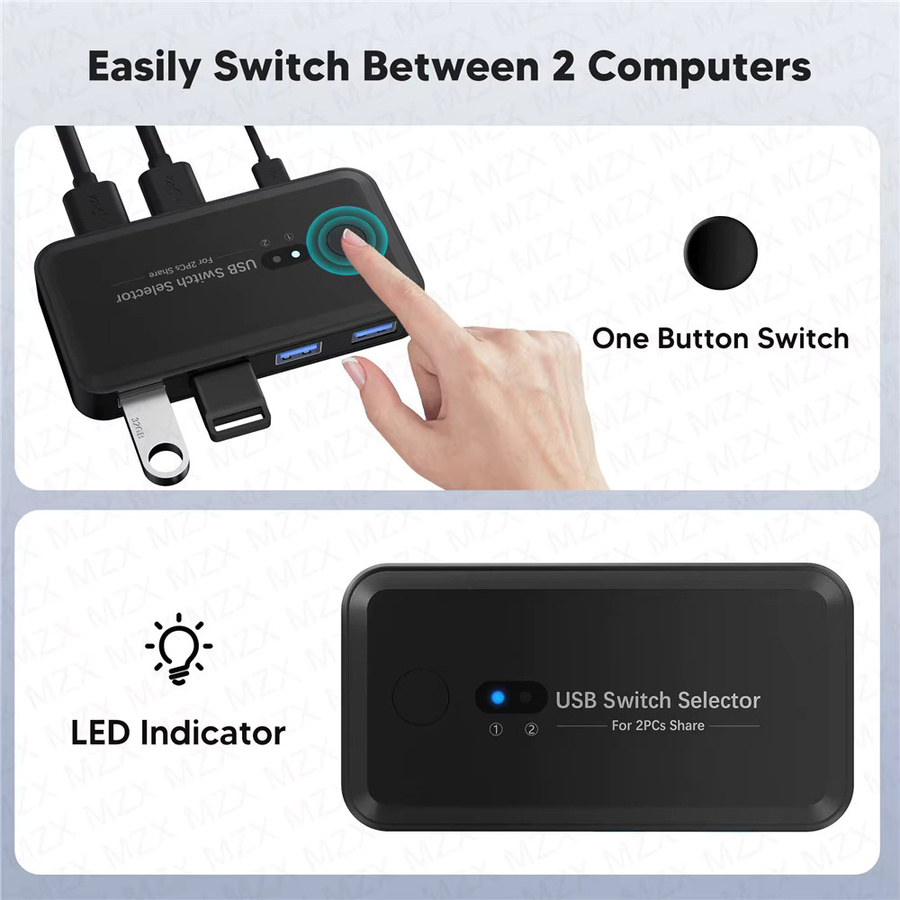 MZX USB 3.0 KVM-Umschalter Selektor Hub Dockingstation in Schwarz für 2 Laptops und PCs zum Teilen von Tastatur, Maus, USB-Geräten und Druckern - Bild 6