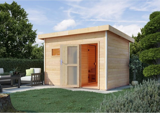Karibu Saunahaus Hendrik 2 aus nordischer Fichte in Braun mit 9kW Bio-Ofen und externer Steuerung - Bild 1