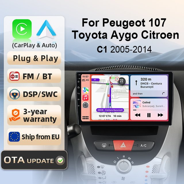 Litillbuly Autoradio mit CarPlay und Android Auto für Peugeot 107, Toyota Aygo und Citroen (2005-2014), IPS-Touchscreen, GPS-Navigation, WiFi, DAB+, Bluetooth und DSP, Schwarz - Bild 1