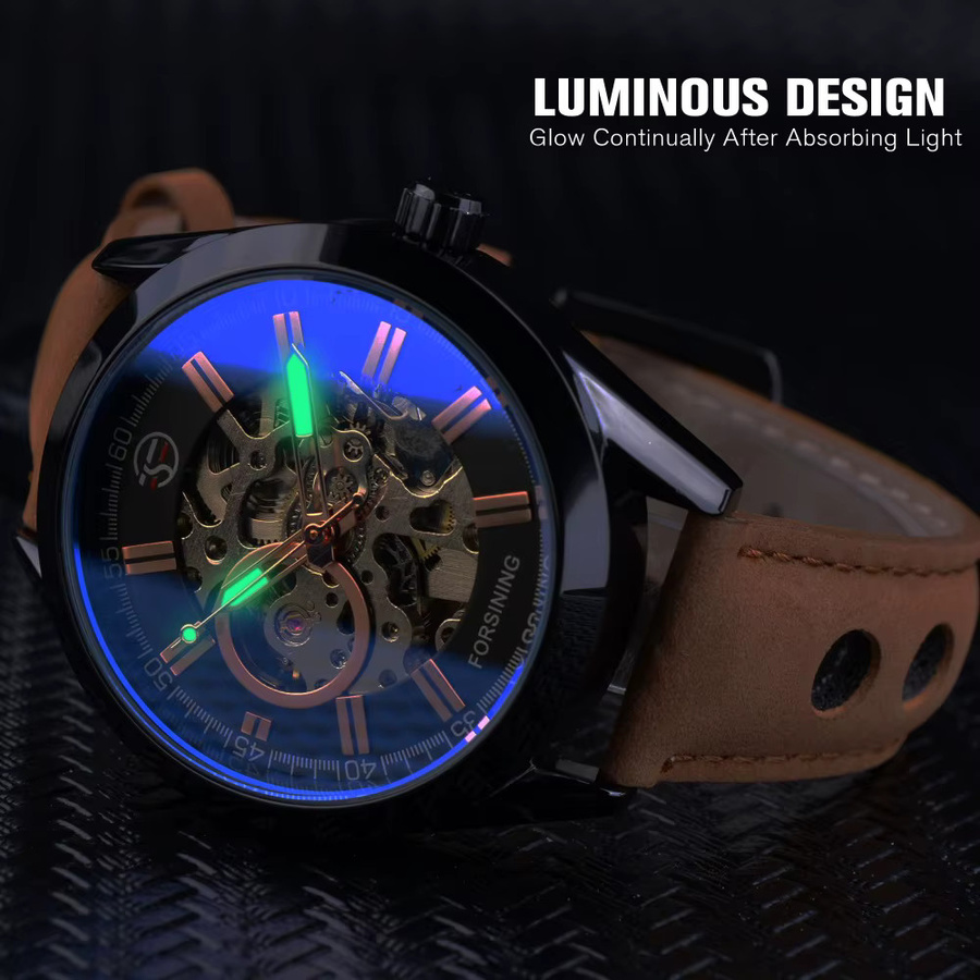 Forsining Armbanduhr Skeleton, Automatik, Leder, Herren, Schwarz, Silber - Bild 3