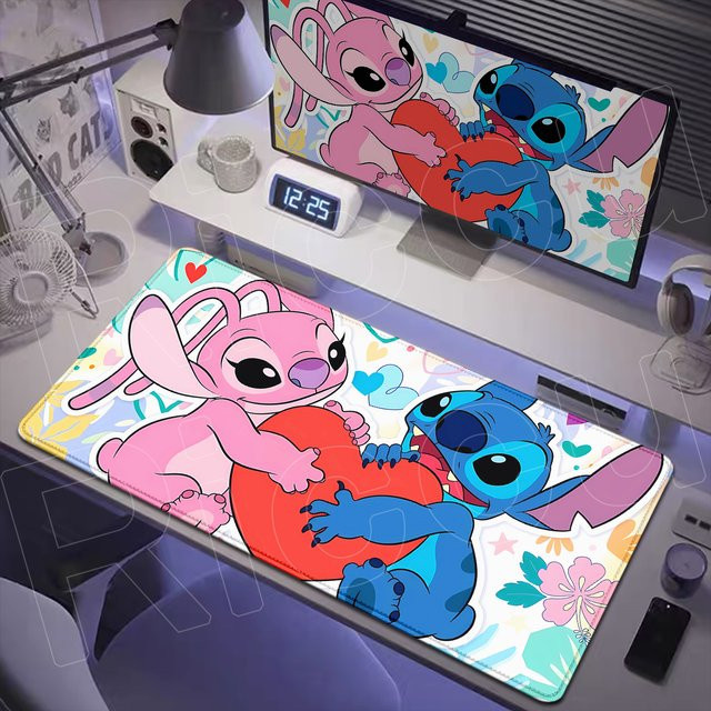 Potdemiel Schreibtischunterlage Rosa Herz mit Stitch und Angel Design, rutschfeste Mauspad-Unterlage für Laptop, Büro und Gaming, Pink/Multicolor - Bild 1