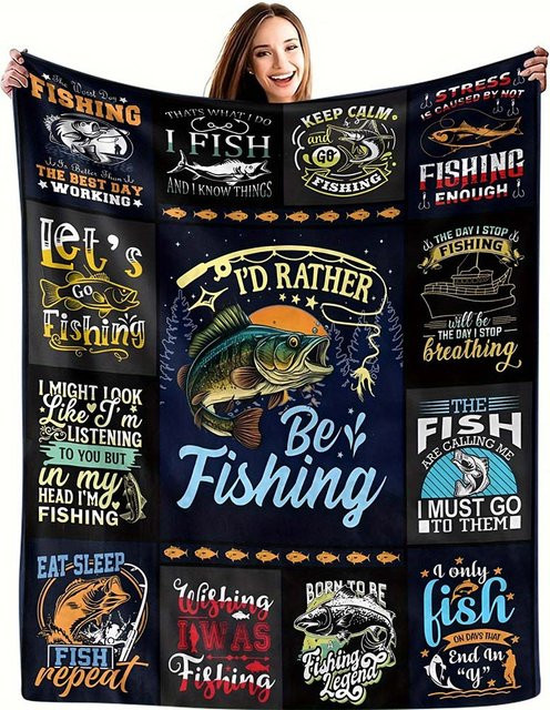 Angler-Wurfdecke von JMG Household Supplies mit Motiv Ich wäre lieber beim Angeln, blaue Flanelldecke aus Fleece für Sofa und Camping, B/T: 150 x 130 cm - Bild 1