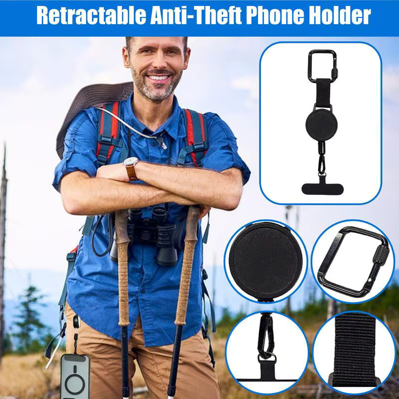 Anti-Diebstahl-Telefon-Tether mit einziehbarem Lanyard, Handy-Tabs-Gurt mit Karabiner und Gürtelclip in Schwarz - Bild 4