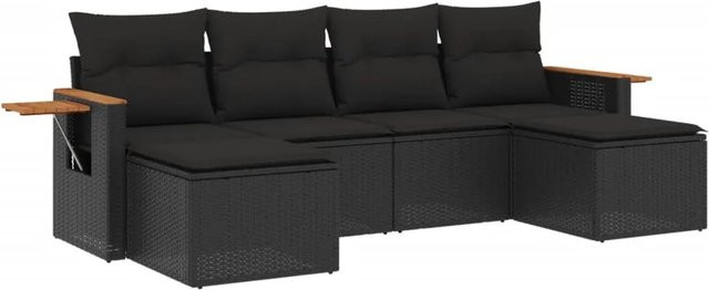 vidaXL 6-teilige Garten-Sofagarnitur aus Poly-Rattan und Akazienholz in Schwarz mit Kissen - Bild 1