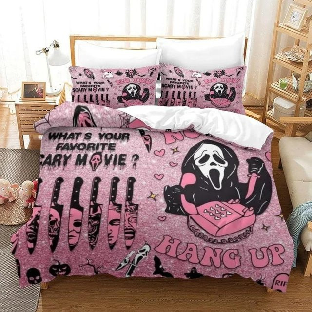 Lodestar Halloween Bettwäsche-Set 3-teilig Rosa mit Cartoon Skelett und Geist Design, B/H: 140 x 210 cm - Bild 1
