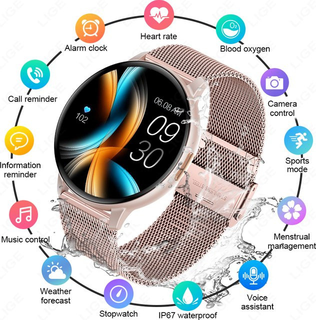 LIGE Smartwatch, Edelstahl, Milanaise, Pink, Unisex, Wasserdicht - Bild 1