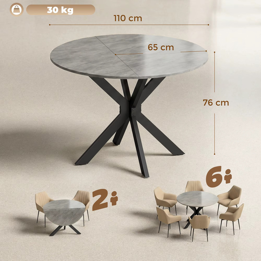 HOMCOM Esstisch rund in Zementgrau, klappbarer Küchentisch mit Spinnenfuß aus Stahl für 2-6 Personen, B/T/H: 110 x 110 x 76 cm - Bild 3