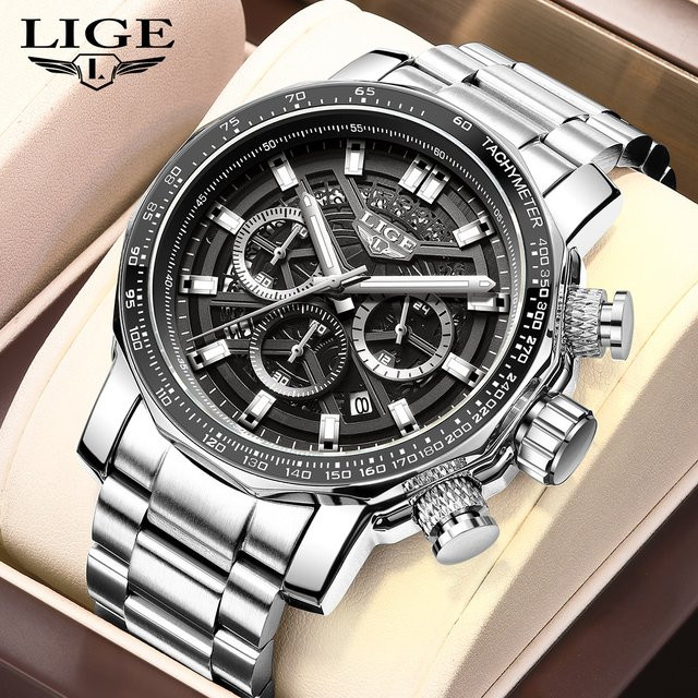 LIGE Armbanduhr Quarz, Edelstahl, Schwarz, Silber, Herren - Bild 1