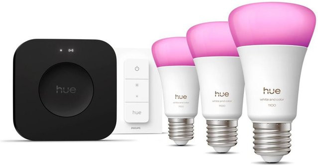 Philips Hue White & Color Ambiance Starter Set mit 3 dimmbaren E27 A60 LED-Leuchtmitteln, Hue Bridge und Dimmer - Bild 1