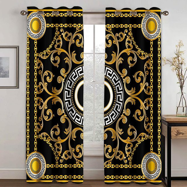 Moderne 2-Panel Vorhänge mit Gold-Streifen Design von Your Warm Home, semi-transparent, Schwarz-Gold, B: 135 cm, H: 165 cm - Bild 1