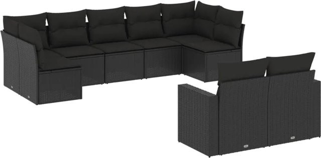 vidaXL 9-teilige Garten-Sofagarnitur in L-Form aus Polyrattan mit Kissen in Schwarz - Bild 1