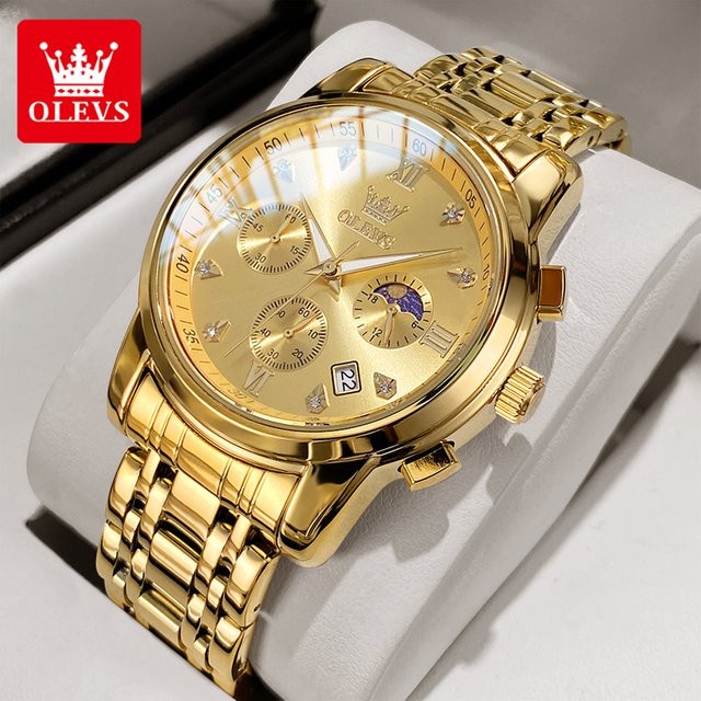 OLEVS Chronograph Armbanduhr, Quarz, Edelstahl, Gold, Herren - Bild 1