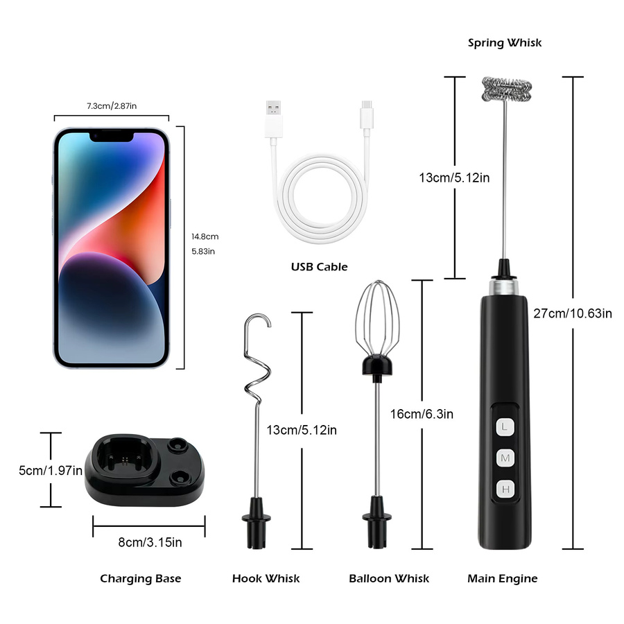 OFENGIQ 3-in-1 Elektrischer Milchaufschäumer mit 3 Geschwindigkeitsstufen, Tragbarer Handmixer mit Typ-C-Aufladung und Basis, Schwarz - Bild 2