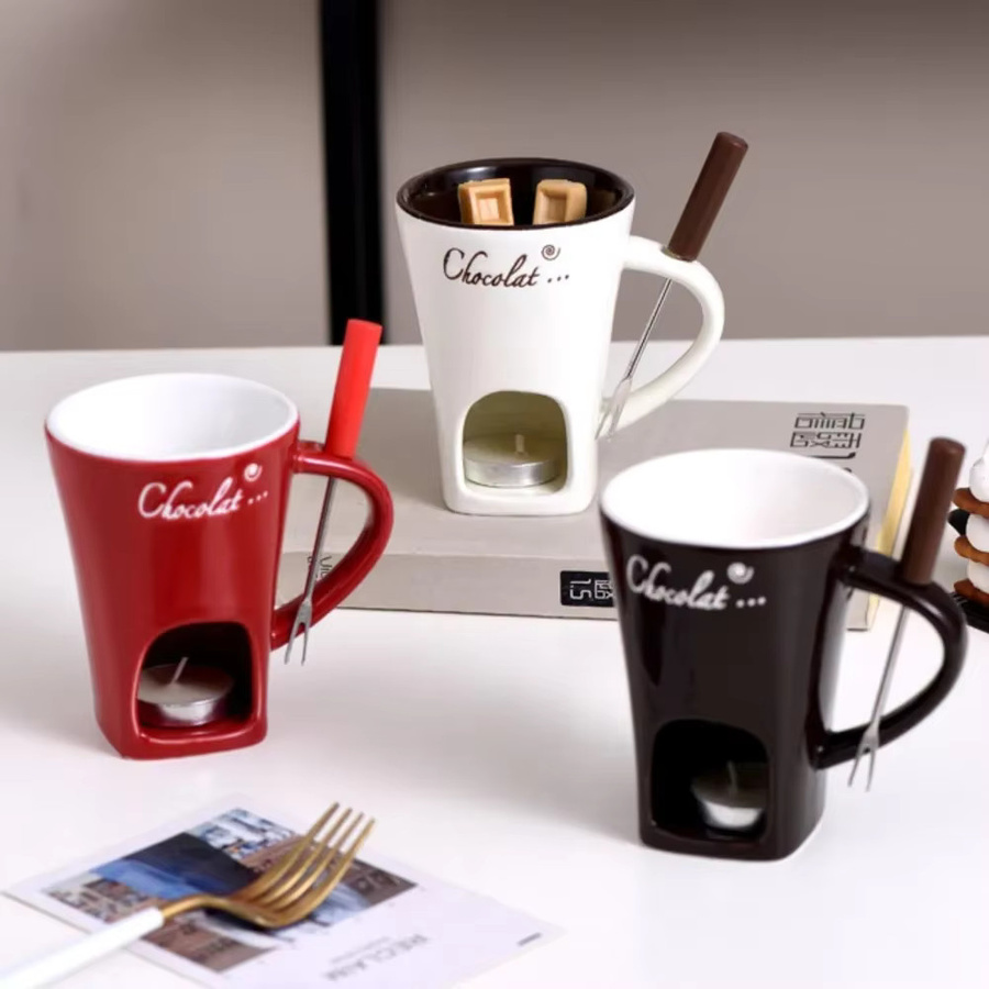 XMSJ Schokoladen-Fondue-Set aus Keramik in Rot inklusive Gabeln und Kerze - Bild 6