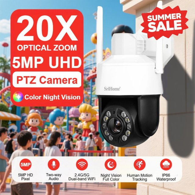 Srihome SH041 Outdoor IP Kamera mit 5,0 MP QHD Auflösung, 20X Zoom, 5G und Wifi, IP66 wasserdicht, Farbe: Weiß - Bild 1