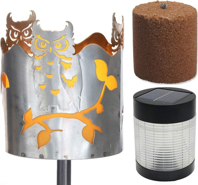Novaliv Gartenfackel Eule aus Metall mit Stiel und LED Solarlampe in Silber - Bild 1