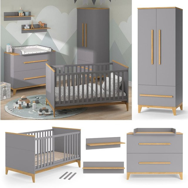 VitaliSpa Babymöbel Set Malia in Grau Eiche bestehend aus Wickelkommode, Kinderbett mit Lattenrost und Rausfallschutz, Kleiderschrank mit Kleiderstange und Wandregal inklusive Wickelauflage - Bild 1
