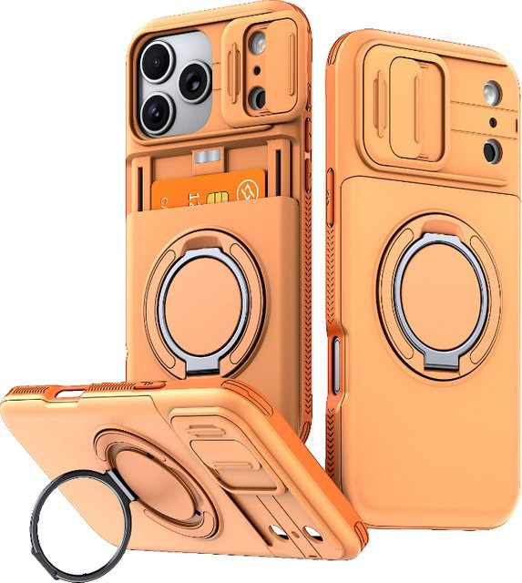Apple iPhone Hülle mit 360 Grad drehbarer Metallhalterung und Kartenfach in Orange, TPU und PC Cover für iPhone 17 bis 12 Pro Max und Plus Modelle - Bild 1
