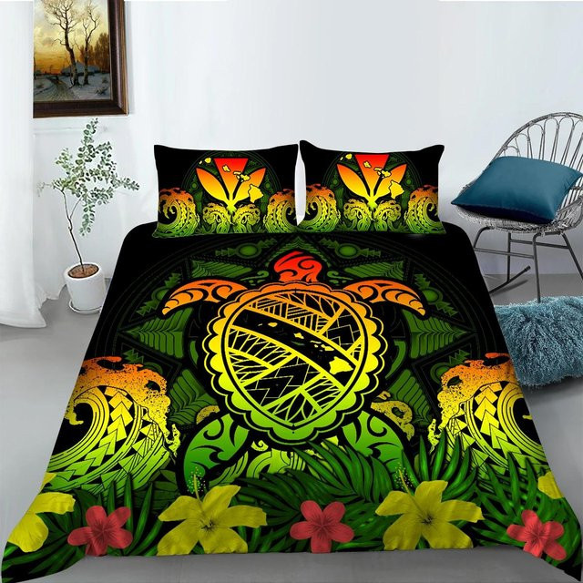 Bettwäscheset Yiran Home mit Meeresschildkröten und Blumenmuster im Boho-Stil, Mikrofaser, Mehrfarbig, B/H: 135 x 200 cm - Bild 1