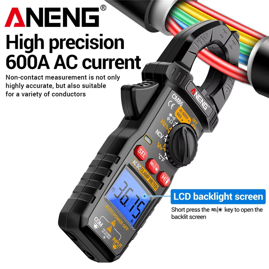 ANENG CM86 Digitales Multimeter Stromzangenmessgerät mit 600A AC/DC Strommessung, Spannungserkennung und NCV in Schwarz - Bild 2