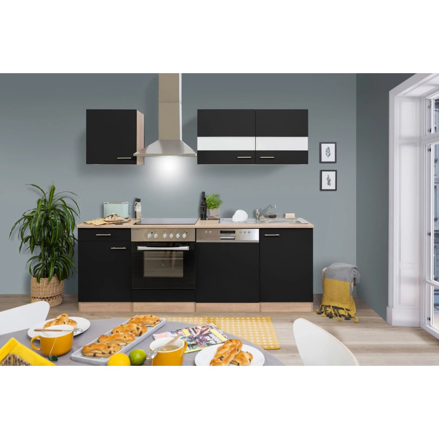 Respekta Küchenzeile KB220ESSC in Schwarz-Eiche Sägerau Nachbildung mit Glastüren und Soft-Close-Funktion, Breite: 220 cm, Tiefe: 60 cm - Bild 2