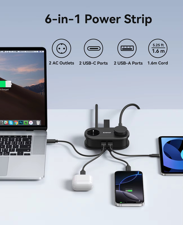 ORICO GaN 65 W Steckdosenleiste mit 2 AC-Steckdosen, 2 USB-Anschlüssen und 1 USB-C-Buchse in Schwarz - Bild 2