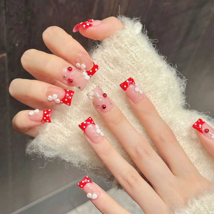 YADORNOS Press On Nails, rote Kunstnägel, 3D Blumen Dekor, glänzend - Bild 2