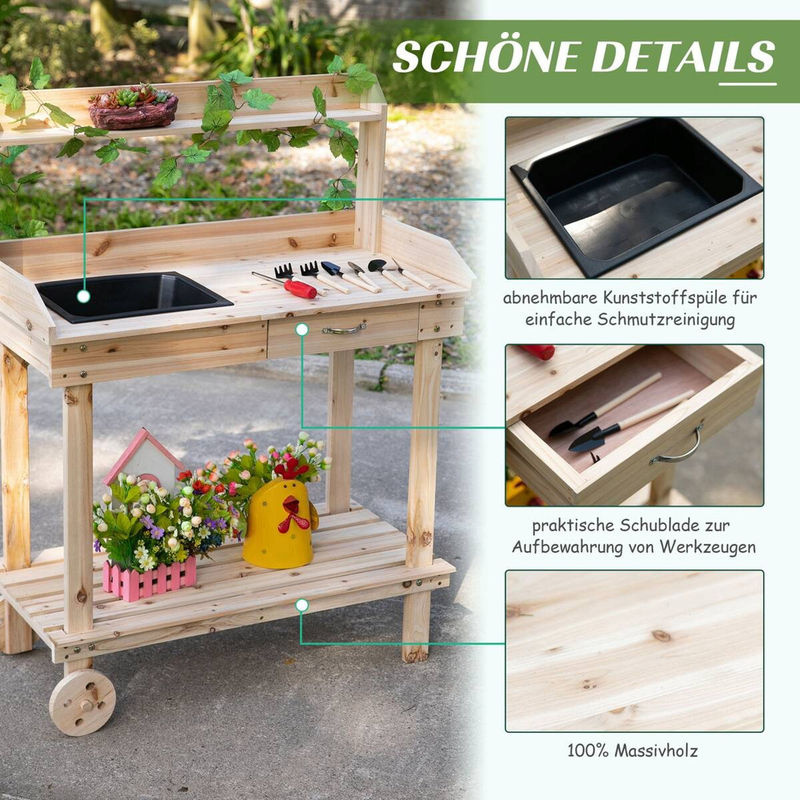 Outsunny Pflanztisch aus Holz mit Rollen in Braun, B/H/L: 45 x 119 x 92 cm - Bild 4