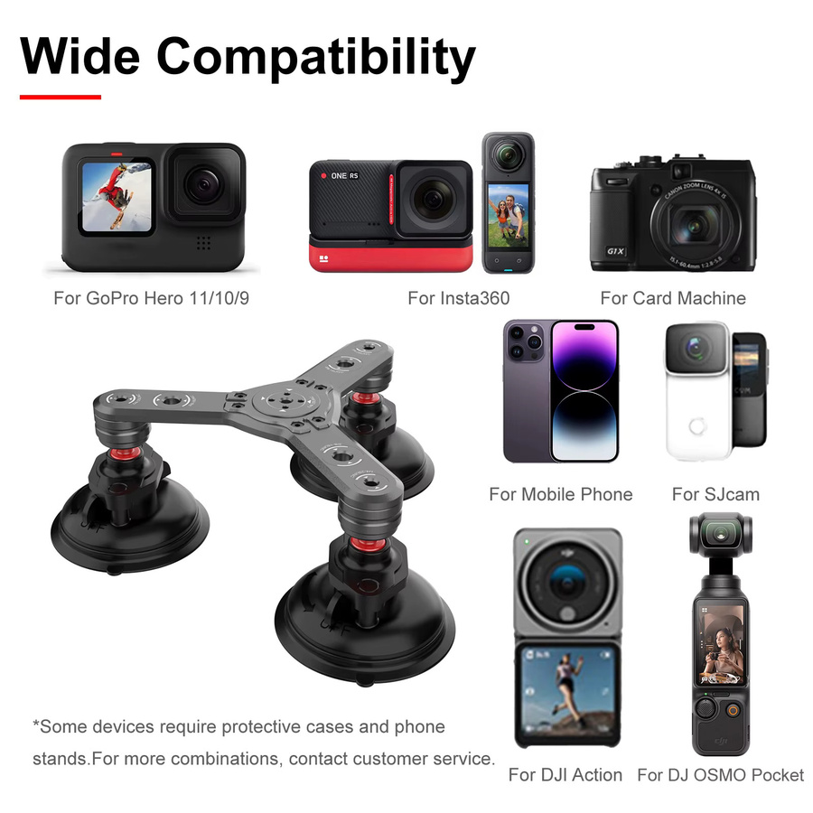 Sheingka Kamerahalterung aus Aluminiumlegierung mit 360 Grad verstellbarem Saugnapf in Schwarz für GoPro Hero 13 12 11 10 9, Insta360 und DJI Action - Bild 6
